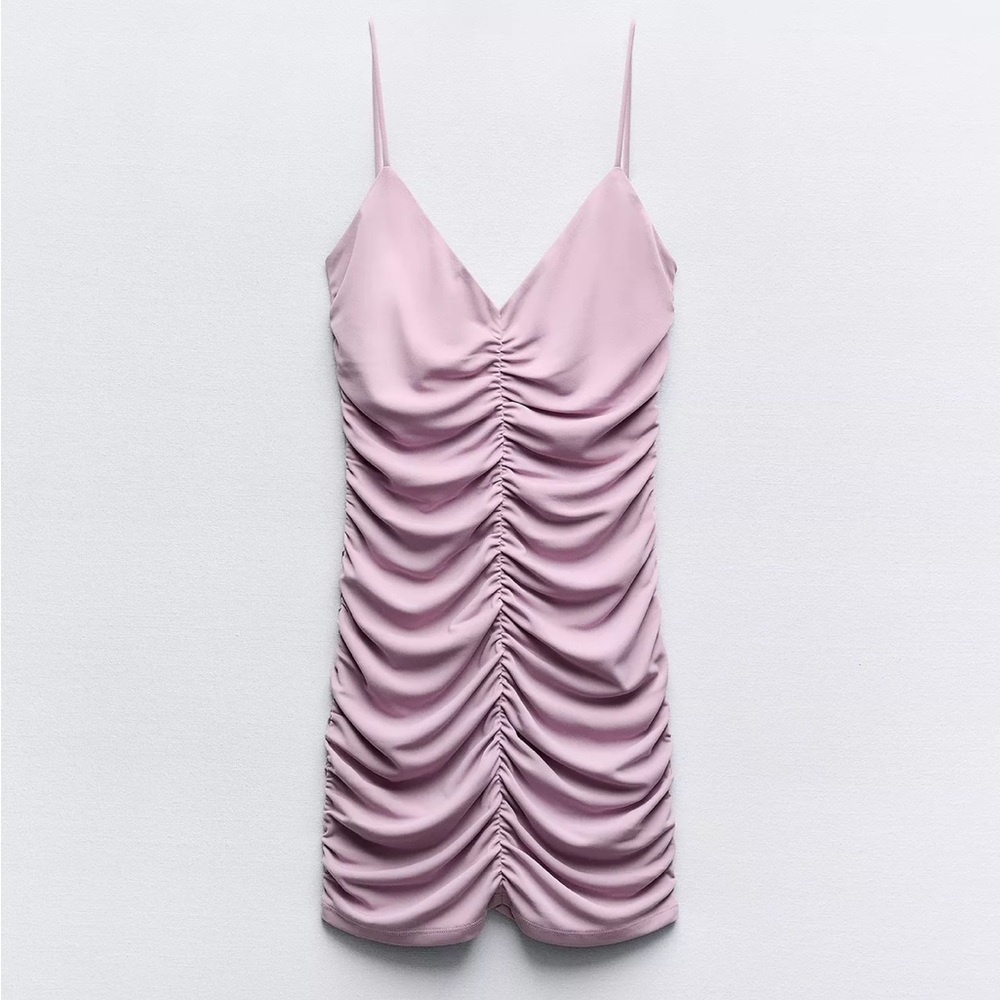 Ruched Pink Spaghetti Strap Dress